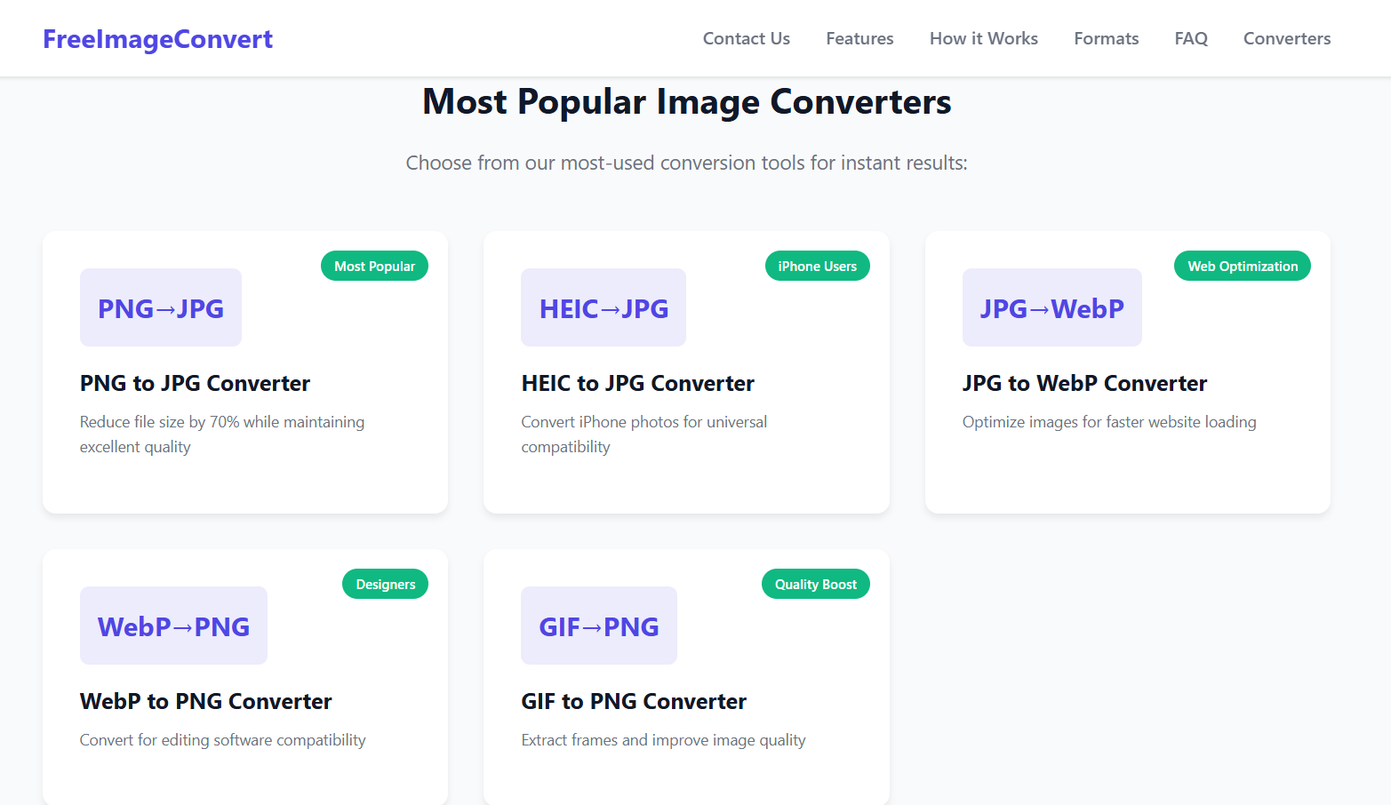 Homepage showing different conversion format options