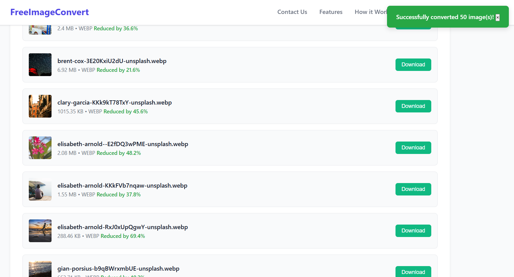 Download interface showing converted images with file size reductions